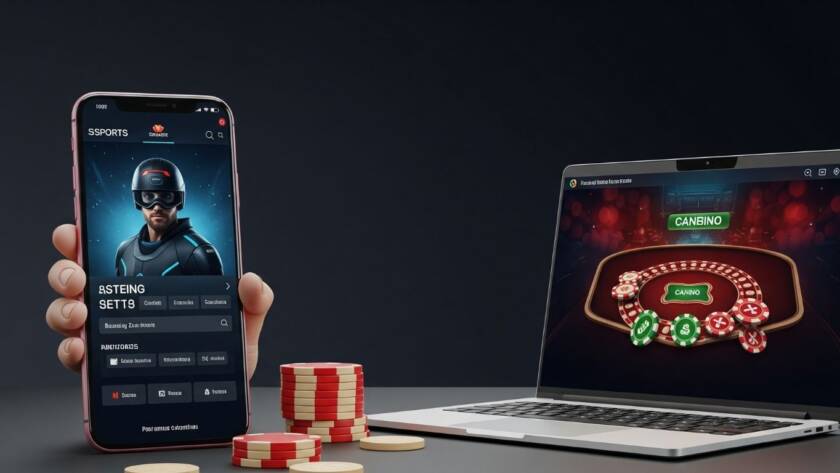 Modern digital gambling concept showing esports betting on smartphones vs online casino games on laptop, Philippine theme, rectangle size, realisti
