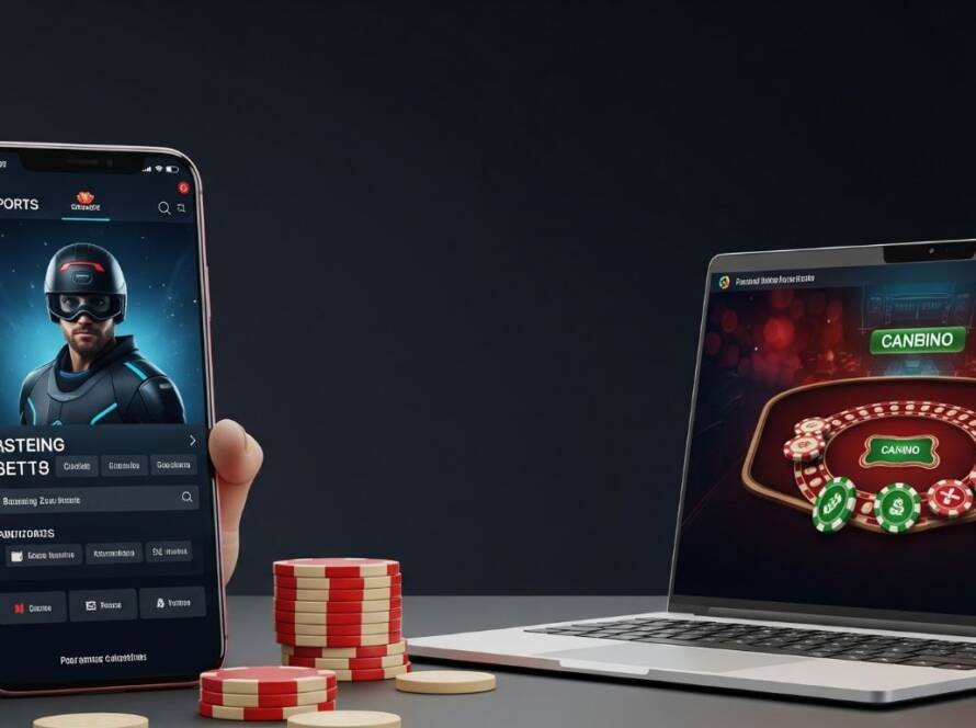 Modern digital gambling concept showing esports betting on smartphones vs online casino games on laptop, Philippine theme, rectangle size, realisti